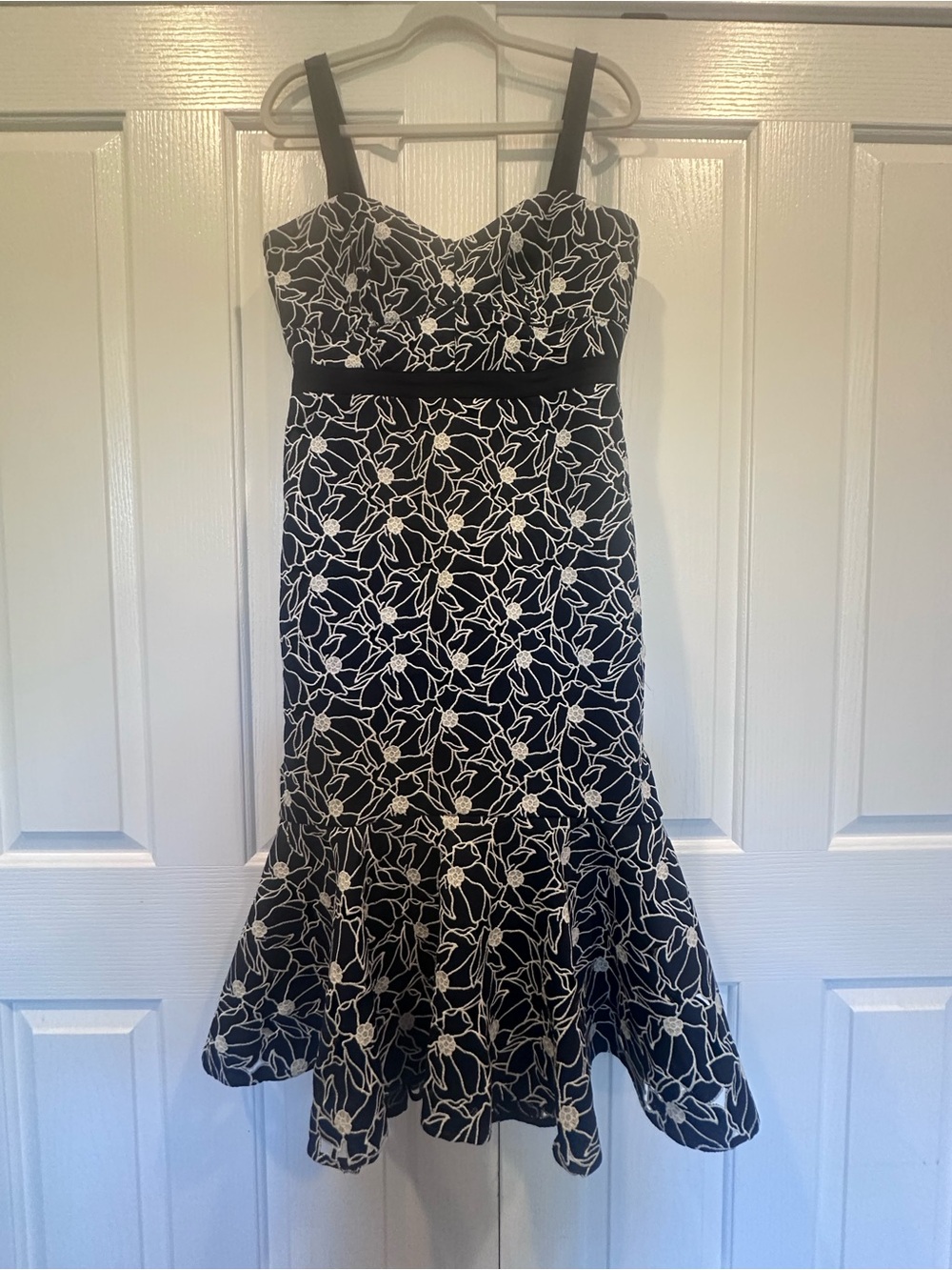 Vintage J. Crew Floral Embroidery Navy Blue Trumpet Midi Dress